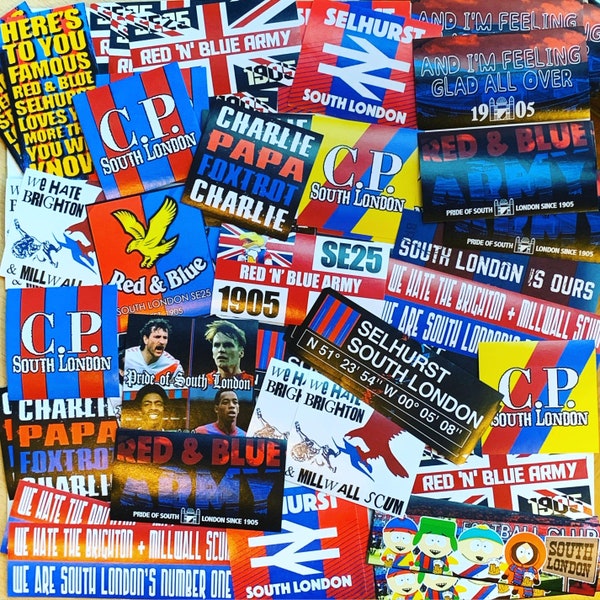 100 x Crystal Palace Stickers - Based on Poster Shirt CPFC Pin Badge Programme Selhurst Park Red & Blue SE25 Flag Eagles Ultras Holmesdale