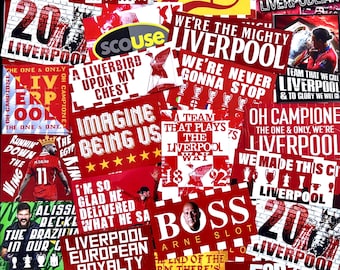 100 x Spieler für den Transfer von England nach dem LFC Banner Programm Shirt Pin Abzeichen Schal Poster 6 mal Anfield YNWA Kop LFC Flaggen Ultras