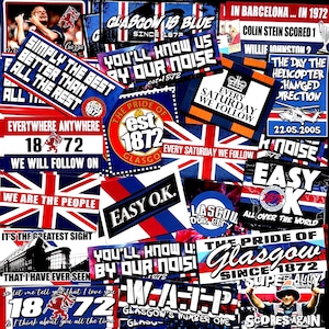 100 adesivos do Glasgow Rangers - Baseados na camisa, distintivo, programa, pôster, cachecol, bandeira, Ibrox RFC, Union Party e decorações.