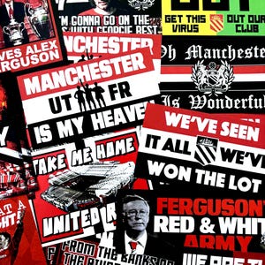 100 x Man United Stickers - Based on MUFC Programme Badge Poster Scarf Ultras Manchester Utd Flag Banner Old Trafford Decorations image 3
