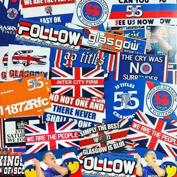 100 x Glasgow Rangers Stickers - Based on Ultras Shirt Adidas Bears Programme Badge Poster Scarf Flag Ibrox RFC Union Party Decorations