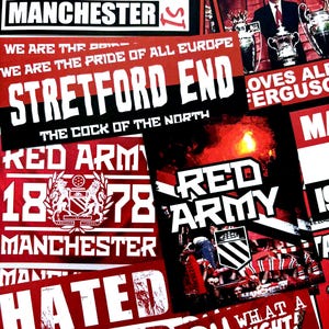100 x Man United Stickers - Based on MUFC Programme Badge Poster Scarf Ultras Manchester Utd Flag Banner Old Trafford Decorations image 2