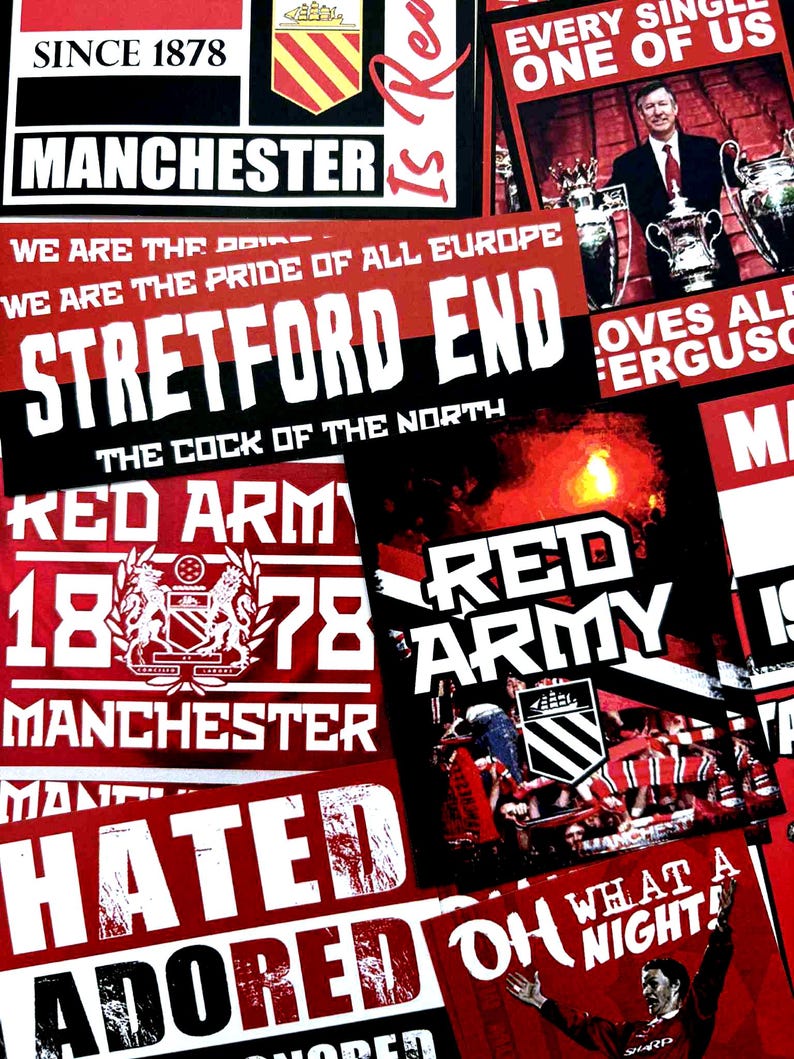 100 x Man United Stickers - Based on MUFC Programme Badge Poster Scarf Ultras Manchester Utd Flag Banner Old Trafford Decorations image 2