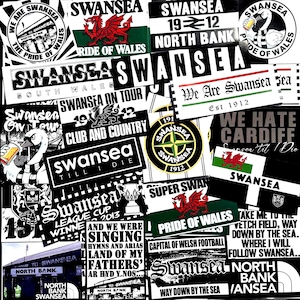 100 x Swansea City Stickers - Based on Poster Shirt Scarf Pin Badge Programme Wales Jacks Army Flag SCFC Ultras Liberty Stadium Vetch Field