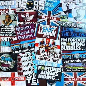 100 x West Ham Stickers - Based on ICF Programme Upton Park Hammers Irons 1966 WHU Ultras United Utd Poster Pin Badge Flag England World Cup