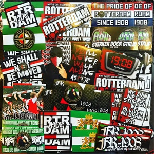 Può includere: Una collezione di adesivi e toppe in rosso, bianco, verde e nero. I disegni includono testi come "ROTTERDAM 1908" e altre frasi. Gli articoli sembrano essere legati a una squadra sportiva.
