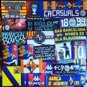 May include: A collection of colorful stickers featuring the FC Barcelona logo, team colors, and slogans in Spanish and Catalan. The stickers include phrases like "Força Barça", "Barça o Muerte", and "Més que un club".