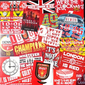 100 x Arsenal FC Stickers  - Based on Champions Scarf Shirt Banner Programme Highbury Clock Poster Pin Badge Flag AFC Gunners Ultras