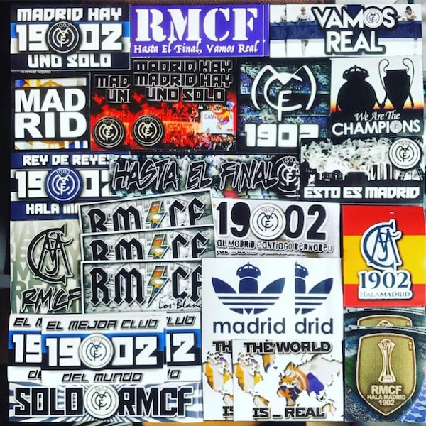 100 x Real Madrid Stickers Based on Ultras Poster Badge Scarf Flag RMCF Bernebau Adesivi  Ronaldo Ultras la bufanda, pin y póster