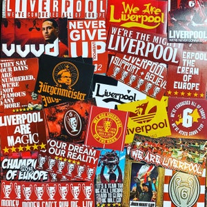 100 x Liverpool Stickers - Based on Poster Programme Shirt Pin Badge Scarf Mug 6 Times Anfield YNWA Kop LFC Gerrard Flags Ultras