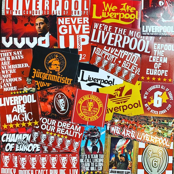 100 x Liverpool Stickers - Basé sur le programme d’affiche Shirt Pin Badge Scarf Mug 6 fois Anfield vous ne marchez jamais seul Kop LFC Gerrard Flags Ultras