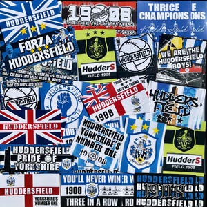 100 x Huddersfield Town Aufkleber - Basierend auf Terriern HTAFC Poster Shirt Fußball Schal Pin Abzeichen Programm Flagge Ultras Party Dekorationen