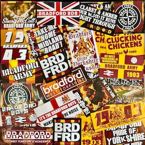 100 x Bradford City Aufkleber - Basierend auf Valley Parade Midland Road Poster Shirt Schal Pin Abzeichen Flagge Ultras Party Dekorationen Zwerghühner