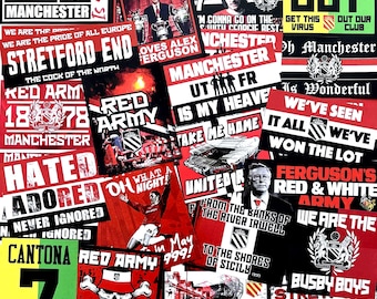 100 x Man United Stickers - Based on MUFC Programme Badge Poster Scarf Ultras Manchester Utd Flag Banner Old Trafford Decorations