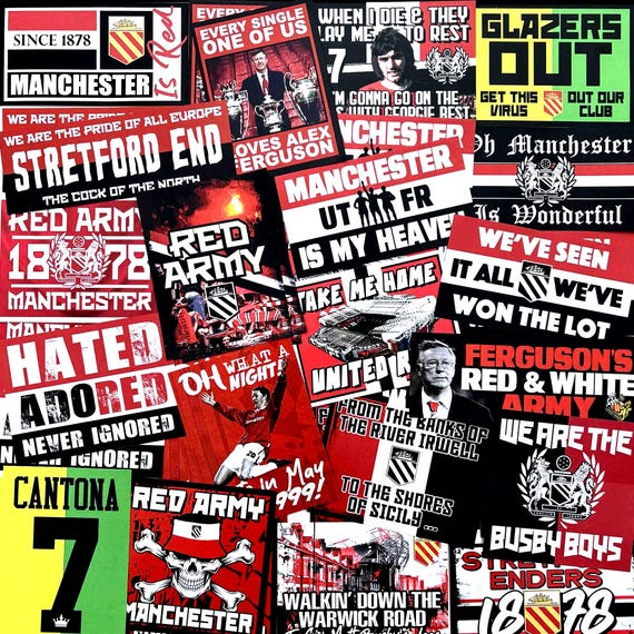 100 x Man United Stickers - Based on MUFC Programme Badge Poster Scarf Ultras Manchester Utd Flag Banner Old Trafford Decorations