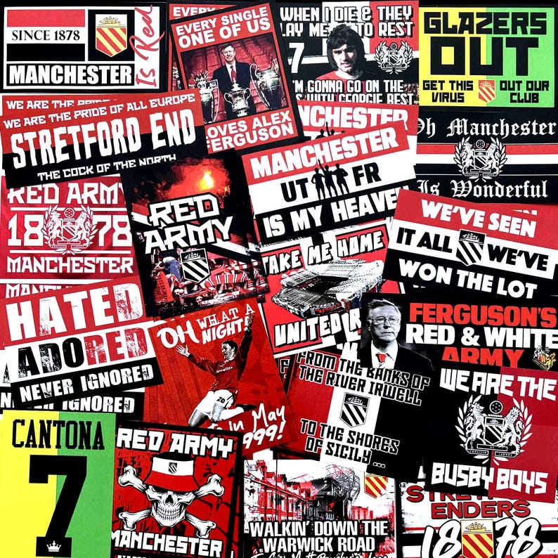 100 x Man United Stickers - Based on MUFC Programme Badge Poster Scarf Ultras Manchester Utd Flag Banner Old Trafford Decorations image 1