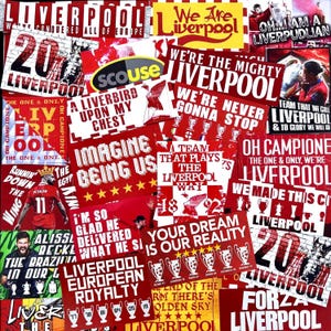 100 x Spieler für den Transfer von England nach dem LFC Banner Programm Shirt Pin Abzeichen Schal Poster 6 mal Anfield YNWA Kop LFC Flaggen Ultras