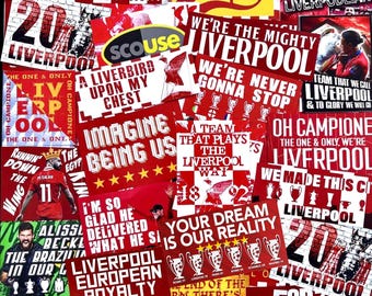 100 x Liverpool Stickers - Based on LFC Banners Programme Shirt Pin Badge Scarf Poster 6 Times Anfield YNWA Kop LFC Flags Ultras