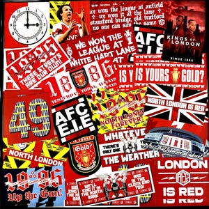 100 x Arsenal FC Stickers  - Based on Scarf Shirt Banner Programme Highbury Clock Poster Pin Badge Flag AFC Gunners Ultras