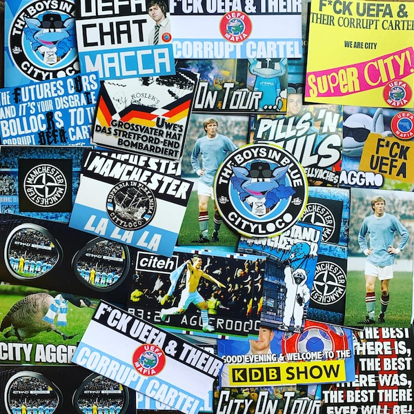 100 x Manchester City Stickers - Basé sur MCFC Oasis Gallagher Maine Flag Etihad Poster Scarf Shirt Badge Ultras Aguero 93:20 Stone Roses