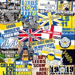 May include: A collage of stickers and graphics featuring the text Leeds, 1919, We Are Leeds, and Super Leeds in blue, yellow, and white. The designs include a Union Jack, a smiley face, soccer players, and various slogans related to the Leeds football club.