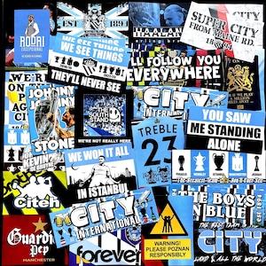 100 stickers Manchester City - Basés sur le drapeau de la tribune sud d'Istanbul Rodri du MCFC, affiche Etihad, écharpe, badge Ultras Guardiola 93:20