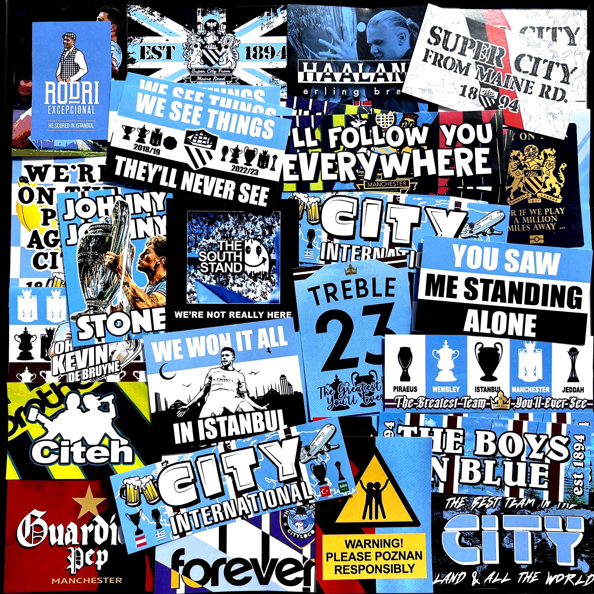 100 x Manchester City Aufkleber - Basierend auf MCFC Rodri Istanbul South Stand Flagge Etihad Poster Schal Shirt Ultras Guardiola 93:20