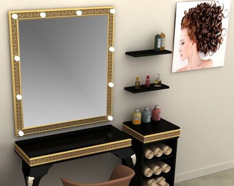 Gold Makeup Vanity Table with Mirror and Lights, Gold Makeup Vanity, Gold Makeup Vanity with Mirror, Makeup Vanity Table, Makeup Vanity Desk