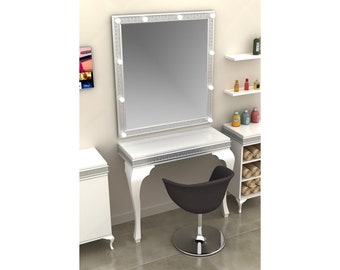 Gloss White Makeup Mirror with Table, Lighted Makeup Table, Lighted Makeup Mirror, Lighted Makeup Mirror with Stand, Lighted Makeup Mirror