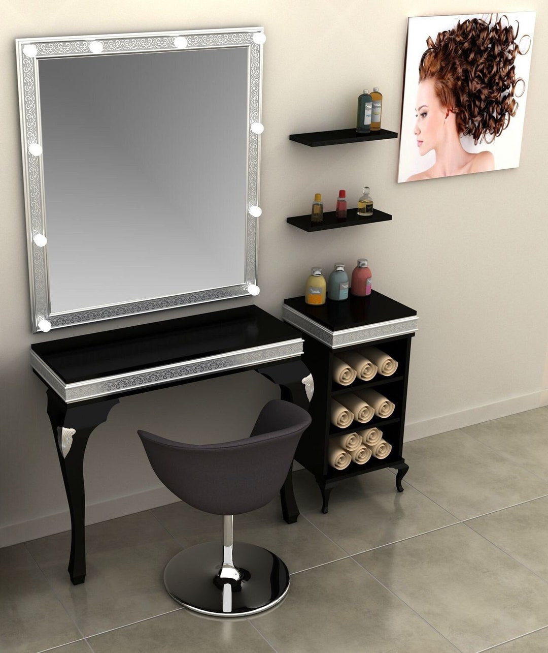 Silver Makeup Vanity Table, Silver Vanity Table With Drawers, Silver