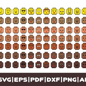 Könnte beinhalten: Ein Satz von 100 digitalen Clipart-Bildern von Lego-Minifiguren-Köpfen mit verschiedenen Ausdrücken, Frisuren und Hauttönen. Die Bilder sind in den Formaten SVG, EPS, PDF, DXF, PNG und AI.