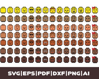 May include: A set of 100 digital clipart images of Lego minifigure heads with different expressions, hairstyles, and skin tones. The images are in SVG, EPS, PDF, DXF, PNG, and AI formats.
