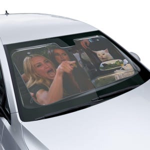 May include: A car windshield sunshade featuring a popular internet meme. The image shows two women, one pointing and yelling, and a white cat sitting in the background. The text on the sunshade reads "Woman yelling at cat"