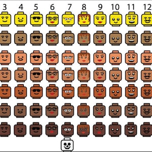 May include: A chart with 7 rows and 14 columns of Lego minifigure heads. Each head has a different combination of skin tone, hair style, and facial expression. The chart is labeled with numbers 1 through 14 across the top and 1 through 7 down the side.