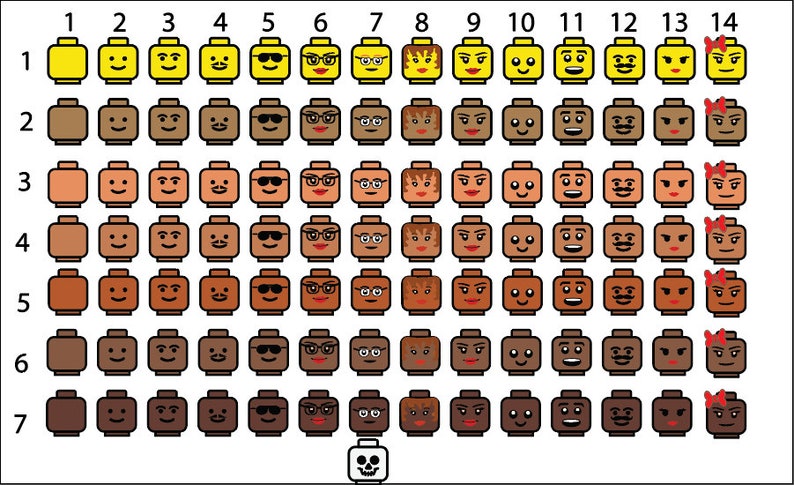 May include: A chart with 7 rows and 14 columns of Lego minifigure heads. Each head has a different combination of skin tone, hair style, and facial expression. The chart is labeled with numbers 1 through 14 across the top and 1 through 7 down the side.