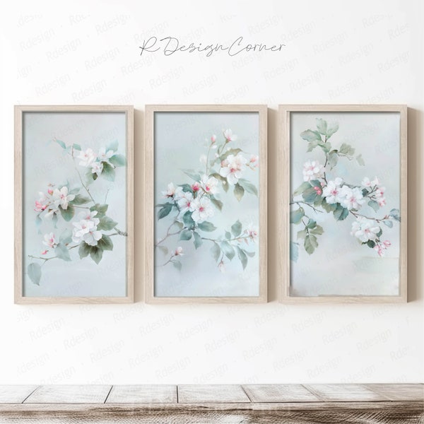 Triptih Painting of White Freesia Branch, Digital Print, Flower Painting, Digital Download, Printable Art, Home Decore, Soft Pastel Colors