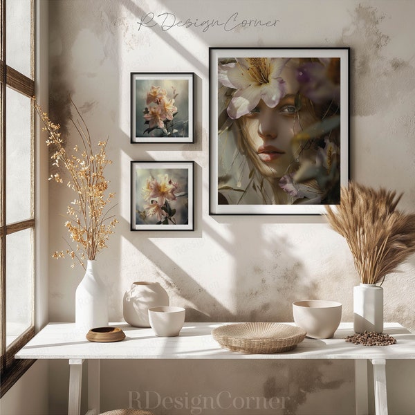 Set of 3 Digital Paintings Rhododendron Branches and Portrait of a Beautiful Girl - Botanical-Inspired Wall Art