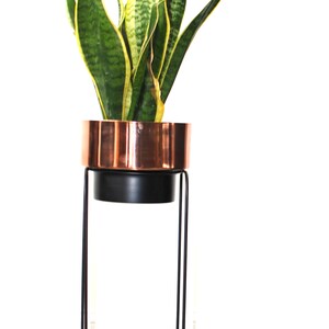 copper and black planter, copper planter on stand, modern copper home decor, metal planter