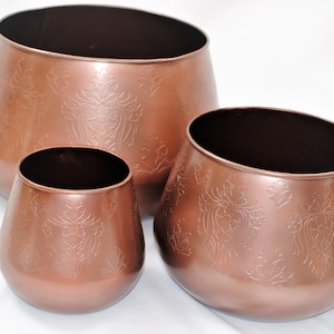 Copper Color planter with hand etched design, designer copper planters, copper plant pots with design