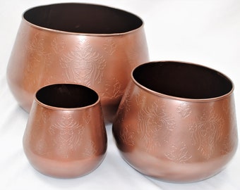 Copper Color planter with hand etched design, designer copper planters, copper plant pots with design