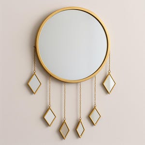 Gold Sun Mirror with Hanging Diamond Drops, Large Round Mirror, Statement Hallway Mirror, Boho Maximalist Home Decor, Luxury Mirror Gift image 3