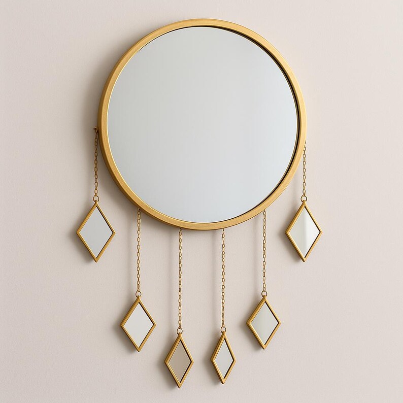 Gold Sun Mirror with Hanging Diamond Drops, Large Round Mirror, Statement Hallway Mirror, Boho Maximalist Home Decor, Luxury Mirror Gift image 3