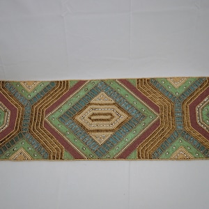 Blue table runner, sea green table runner, geometrical linens, hand embroidered linens