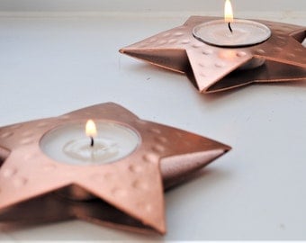 copper star shaped tea light holder, copper tea light holder