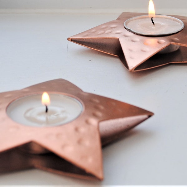 copper star shaped tea light holder, copper tea light holder