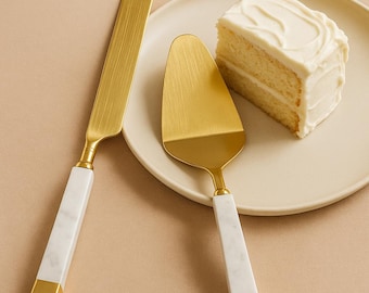 Goldenes Tortenmesser und Heber, Marmor-Hochzeitstorte-Schneideset, Brautparty-Geschenk, Elegantes Tortenheber-Set, Jubiläums-Party Dekor