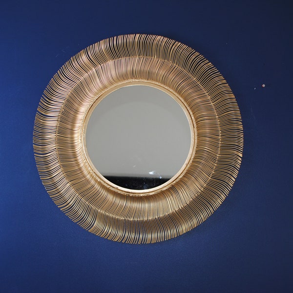 Large round gold mirror, gold metal mirror with metal straws, large hallway mirror, round brass mirror, round wall mirror in gold