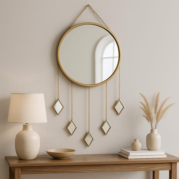 Gold Sun Mirror with Hanging Diamond Drops, Large Round Mirror, Statement Hallway Mirror, Boho Maximalist Home Decor, Luxury Mirror Gift