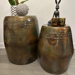 Metal set of 2 side tables, antique copper side table, burnt metal look coffee table, industrial look coffee table, hand hammered side table
