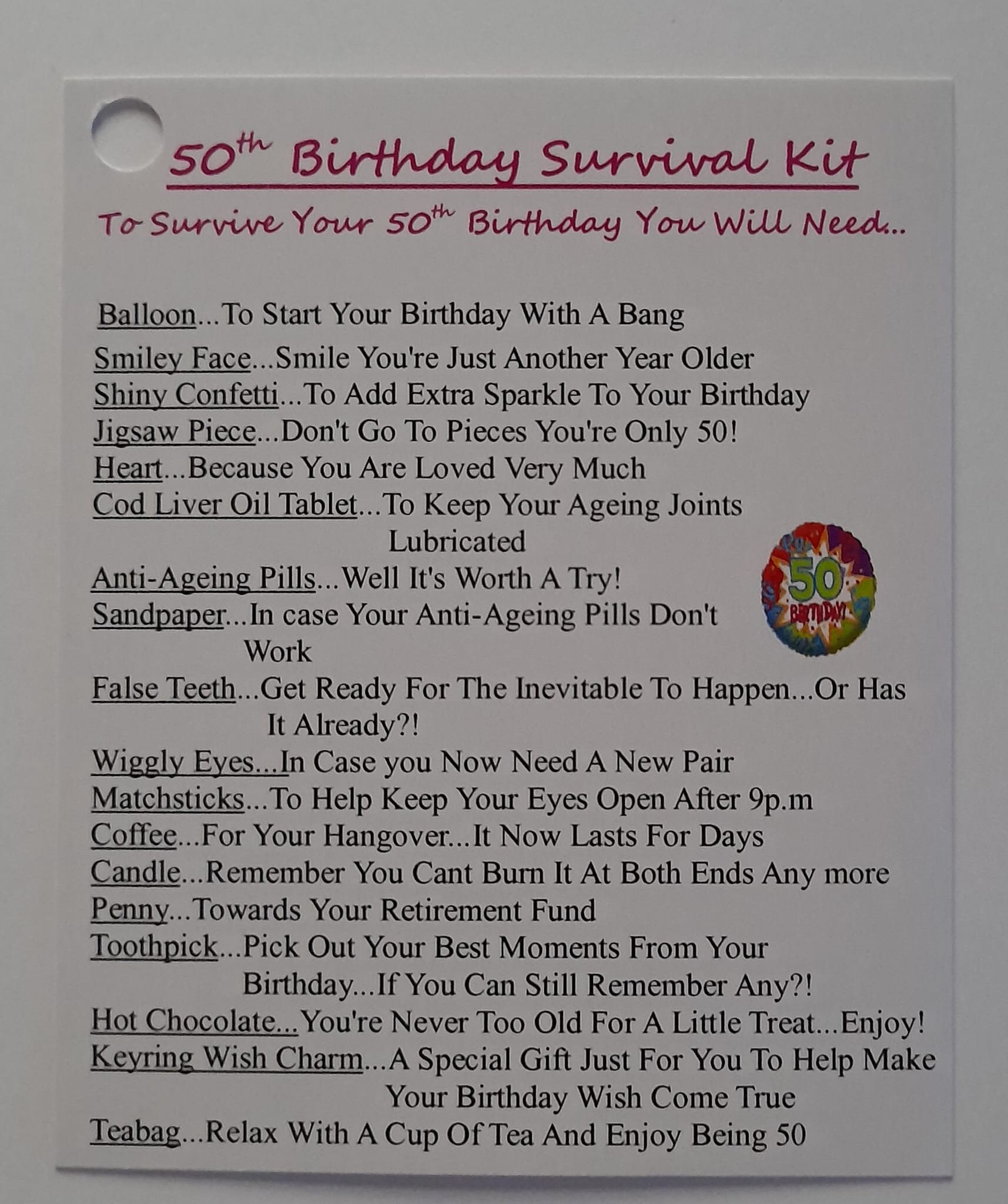 50th Birthday Survival Kit Gift Card for Boy Girl Fun Keepsake - Etsy UK
